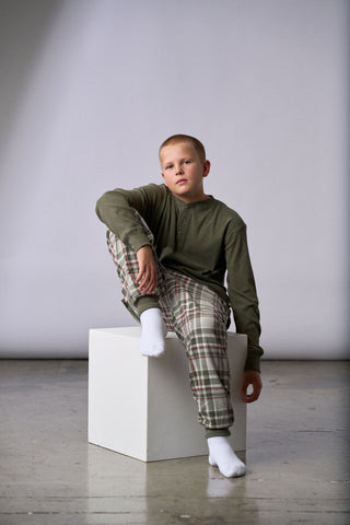 Little Little Bipsy Ribbed Henley - Pine Lounge Jogger - Plaid