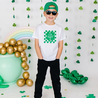 Sweet Wink Lucky Shamrock Checkered St. Patrick's Day Short Sleeve Tee - White