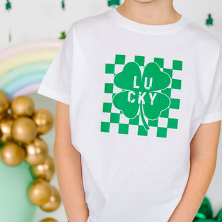 Sweet Wink Lucky Shamrock Checkered St. Patrick's Day Short Sleeve Tee - White