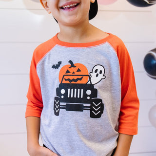 Sweet Wink Pumpkin Monster Truck 3/4 Sleeve Raglan Tee, Sweet Wink, cf-size-7-8y, cf-type-tee, cf-vendor-sweet-wink, Ghost, Halloween, Halloween Boys, Halloween Shirt, Halloween Tee, Hallowee