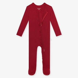 Posh Peanut Dark Red Solid Ribbed Ruffled Zippered Footie, Posh Peanut, All Things Holiday, cf-size-0-3-months, cf-size-3-6-months, cf-size-6-9-months, cf-size-newborn, cf-size-preemie, cf-ty