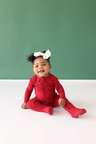 Posh Peanut Dark Red Solid Ribbed Ruffled Zippered Footie, Posh Peanut, All Things Holiday, cf-size-0-3-months, cf-size-3-6-months, cf-size-6-9-months, cf-size-newborn, cf-size-preemie, cf-ty