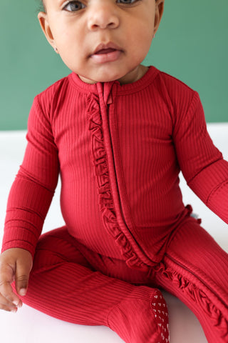 Posh Peanut Dark Red Solid Ribbed Ruffled Zippered Footie, Posh Peanut, All Things Holiday, cf-size-0-3-months, cf-size-3-6-months, cf-size-6-9-months, cf-size-newborn, cf-size-preemie, cf-ty