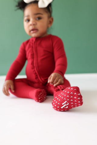 Posh Peanut Dark Red Solid Ribbed Ruffled Zippered Footie, Posh Peanut, All Things Holiday, cf-size-0-3-months, cf-size-3-6-months, cf-size-6-9-months, cf-size-newborn, cf-size-preemie, cf-ty