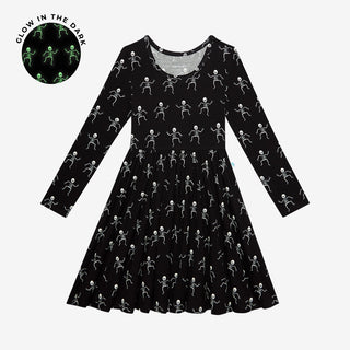 Posh Peanut Dancing Skelly L/S Twirl Dress, Posh Peanut, Dancing Skelly, Glow in the Dark, Halloween, Halloween Dress, Posh Peanut, Posh Peanut Dress, Posh Peanut Twirl Dress, PP Fall 2023, T