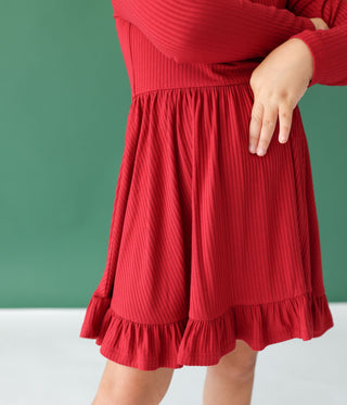 Posh Peanut Dark Red Solid Ribbed L/S Ruffled Twirl Dress, Posh Peanut, All Things Holiday, cf-size-2t, cf-size-5t-6t, cf-type-dress, cf-vendor-posh-peanut, Christmas, Christmas Dress, Dark R