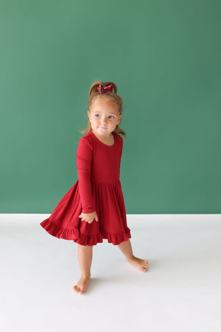 Posh Peanut Dark Red Solid Ribbed L/S Ruffled Twirl Dress, Posh Peanut, All Things Holiday, cf-size-2t, cf-size-5t-6t, cf-type-dress, cf-vendor-posh-peanut, Christmas, Christmas Dress, Dark R