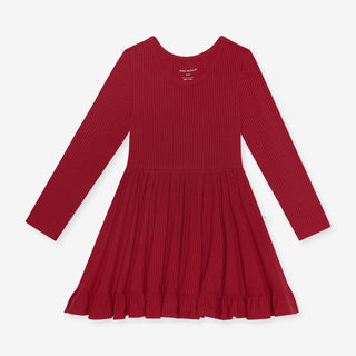 Posh Peanut Dark Red Solid Ribbed L/S Ruffled Twirl Dress, Posh Peanut, All Things Holiday, cf-size-2t, cf-size-5t-6t, cf-type-dress, cf-vendor-posh-peanut, Christmas, Christmas Dress, Dark R