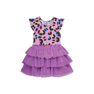 Posh Peanut Electric Leopard Ruffled Cap Sleeve Tulle Dress