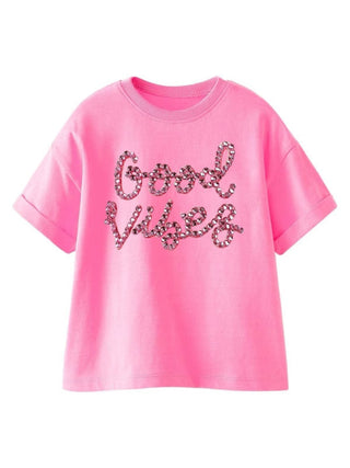 Lola and The Boys Pink Crystal Good Vibes Tee