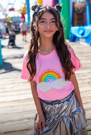 Lola and The Boys Rainbow Pearl Patch Tee - Pink