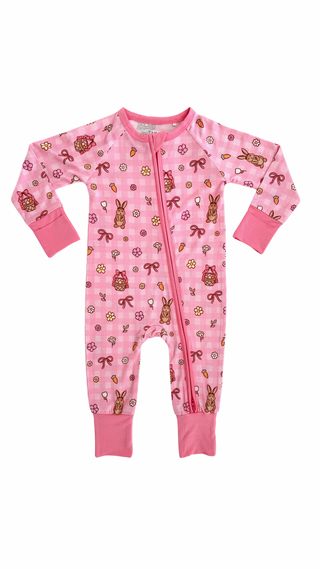 In My Jammers Pink Gingham Bunny Zipper Romper