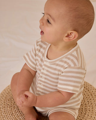 Quincy Mae Waffle Snap Romper - Oat Stripe