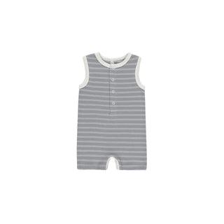 Quincy Mae Ribbed Henley Romper - Blue Pinstripe