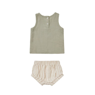 Quincy Mae Woven Tank + Short Set - Sage Stripe