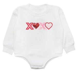 Sweet Wink XOXO Sequin Patch Valentine's Day Long Sleeve Romper - White