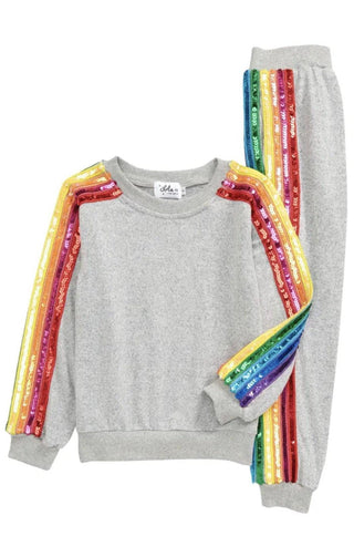 Lola and The Boys Sequin Rainbow Tracksuit Set - Grey