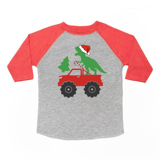 Sweet Wink Santa Dino Monster Truck Christmas 3/4 Tee - Heather/Red