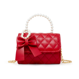 Zomi Gems Quilted Pearl Handle Bow Ribbon Handbag - Red