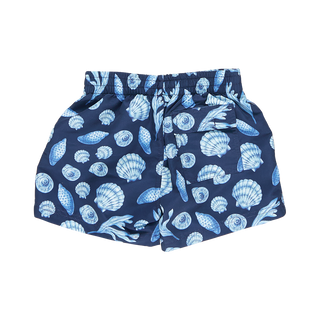 Pink Chicken, Blue Rooster Boys Swim Trunk - Blue Sea Shells - Basically Bows & Bowties