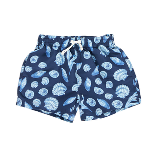 Pink Chicken, Blue Rooster Boys Swim Trunk - Blue Sea Shells - Basically Bows & Bowties