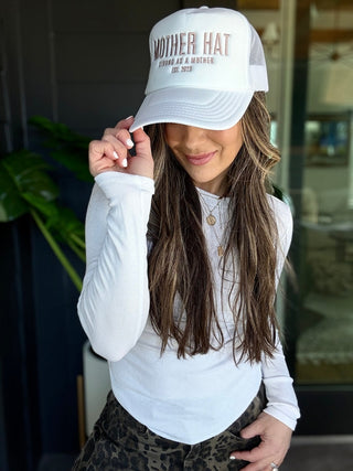 "Mother." Embroidered Trucker Hat - White