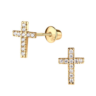 Cherished Moments 14K Gold-Plated Cross CZ Earrings with Screw Back