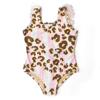 Shade Critters Metallic Leopard Girls Fringe Back One Piece Swimsuit