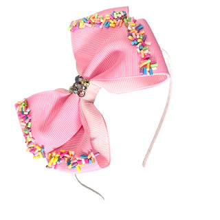 Bari Lynn Grosgrain Sprinkle Bow with Crystals on Headband - Hot Pink