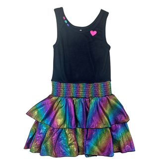 FBZ Black Rainbow Metallic Tiered Sleeveless Dress