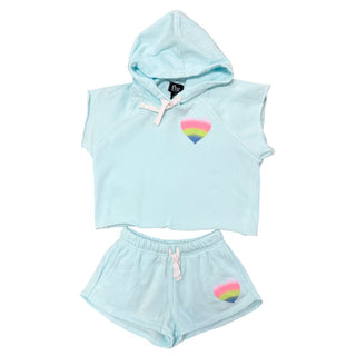 FBZ Rainbow Ombre Heart Blue Short Sleeve Raw Edge Hoodie