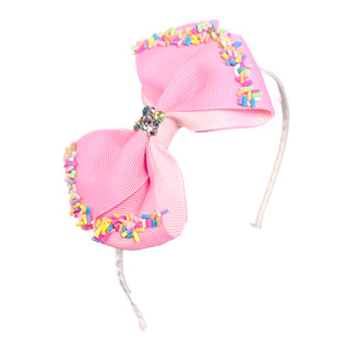 Bari Lynn Grosgrain Sprinkle Bow with Crystals on Headband - Hot Pink