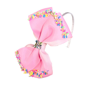 Bari Lynn Grosgrain Sprinkle Bow with Crystals on Headband - Hot Pink