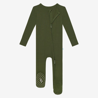 Posh Peanut Solid Pine Ribbed Footie with Zipper, Posh Peanut, cf-size-6-9-months, cf-size-9-12-months, cf-type-footie, cf-vendor-posh-peanut, Pine, Posh Peanut, Posh Peanut Footie, Posh Pean