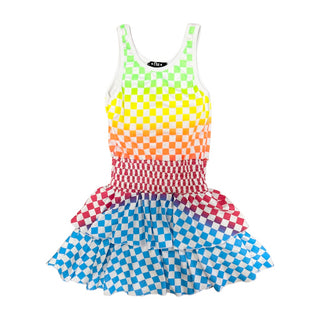 FBZ Neon Ombre Color Check Tiered Sleeveless Dress, Flowers By Zoe, cf-size-5, cf-size-medium-8-10, cf-size-xlarge-12-14, cf-type-dresses, cf-vendor-flowers-by-zoe, Check, Dress, Dresses, Dre