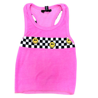 FBZ Smiley Check Neon Pink Tank, Flowers By Zoe, cf-size-6, cf-type-shirts-&-tops, cf-vendor-flowers-by-zoe, FBZ, Flowers By Zoe, Neon Pink, Smile, Smiley, Smiley Checker, Smiley Face, Top, S