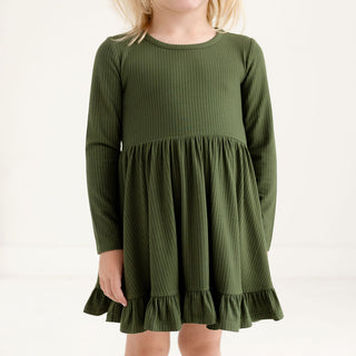 Posh Peanut Solid Pine Ribbed L/S Ruffled Twirl Dress, Posh Peanut, cf-size-2t, cf-type-dress, cf-vendor-posh-peanut, Pine, Posh Peanut, Posh Peanut Dress, Posh Peanut Retailer Exclusive, Pos