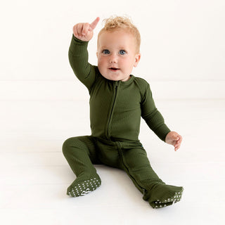 Posh Peanut Solid Pine Ribbed Footie with Zipper, Posh Peanut, cf-size-6-9-months, cf-size-9-12-months, cf-type-footie, cf-vendor-posh-peanut, Pine, Posh Peanut, Posh Peanut Footie, Posh Pean