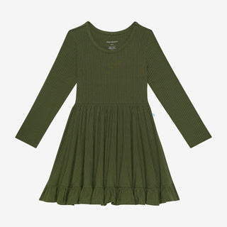 Posh Peanut Solid Pine Ribbed L/S Ruffled Twirl Dress, Posh Peanut, cf-size-2t, cf-type-dress, cf-vendor-posh-peanut, Pine, Posh Peanut, Posh Peanut Dress, Posh Peanut Retailer Exclusive, Pos