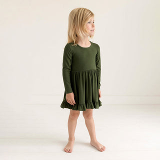 Posh Peanut Solid Pine Ribbed L/S Ruffled Twirl Dress, Posh Peanut, cf-size-2t, cf-type-dress, cf-vendor-posh-peanut, Pine, Posh Peanut, Posh Peanut Dress, Posh Peanut Retailer Exclusive, Pos