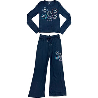 FBZ Rhinestone Smiley Face Wide Leg Black Pants, Flowers By Zoe, cf-size-5, cf-size-6, cf-size-large-10-12, cf-size-medium-8-10, cf-type-pants, cf-vendor-flowers-by-zoe, FBZ, Flowers By Zoe, 