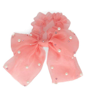 Bari Lynn Tulle Bow Scrunchie with Pearls & Swarovski Crystals - Rose