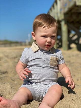 Me & Henry Saltash Polo Romper in Grey & White Stripe, Me & Henry, Boys Clothing, CM22, Infant Boy Clothing, JAN23, Me & Henry, Me & Henry Grey & White Stripe, Me & Henry Polo Romper, Me & He