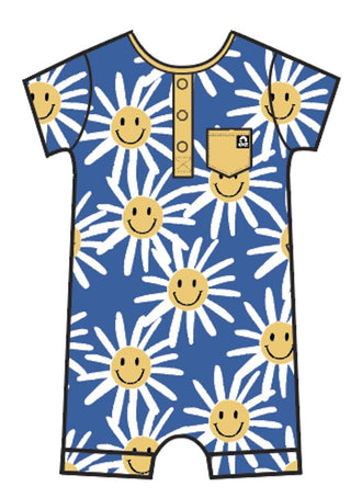 RAGS Short Sleeve Henley Pocket Short Rag Romper - Smiley Daisy, RAGS, Abstract Ocean, CM22, MovingSummer2022, RAGS, Rags Retailer Exclusive, Rags Romper, RAGS Short Sleeve Henley Pocket Shor