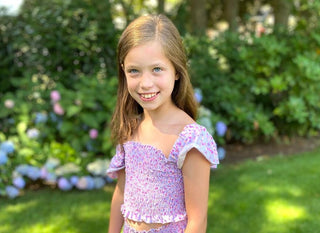 Tweenstyle by Stoopher Lavender Confetti Print Smocked Crop Top w/Flutter Sleeve, Tweenstyle, Boxy Tee, cf-size-12, cf-type-top, cf-vendor-tweenstyle, Crop Top, Lavender Confetti, Smocked Cro