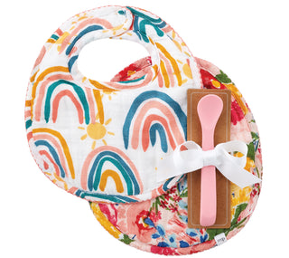 Rainbow Muslin Bibs & Spoon Set, Mud Pie, Bib & Spoon Set, cf-type-bib-set, cf-vendor-mud-pie, EB Baby, JAN23, Mud Pie, Mud Pie Bib, Mud Pie Rainbow, Rainbow, Rainbow Muslin Bibs & Spoon Set,