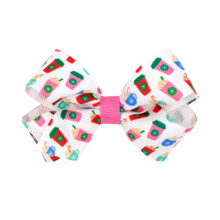 Mini Pink Theme Christmas Grosgrain Printed Hair Bow on Clippie, Wee Ones, All Things Holiday, cf-type-hair-bow, cf-vendor-wee-ones, Christmas Bow, Hair Bow, Holiday Hair Bow, Mini Hair Bow, 