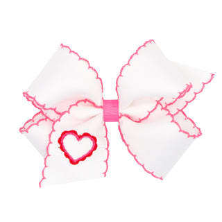 White with Heart Embroidered Moon Stitch Hair Bow on Clippie, Wee Ones, Alligator Clip, Alligator Clip Hair Bow, cf-size-king, cf-size-medium, cf-type-hair-bow, cf-vendor-wee-ones, Clippie, C