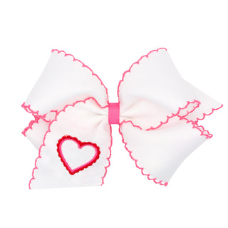 White with Heart Embroidered Moon Stitch Hair Bow on Clippie, Wee Ones, Alligator Clip, Alligator Clip Hair Bow, cf-size-king, cf-size-medium, cf-type-hair-bow, cf-vendor-wee-ones, Clippie, C