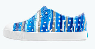 Native Jefferson Stripes Print - Shell White / Shell White / Blue Multi Stripes, Native, Boys Shoes, Jefferson, Kids Shoes, Native Child, Native Child Shoes, Native Jefferson, Native Jefferso